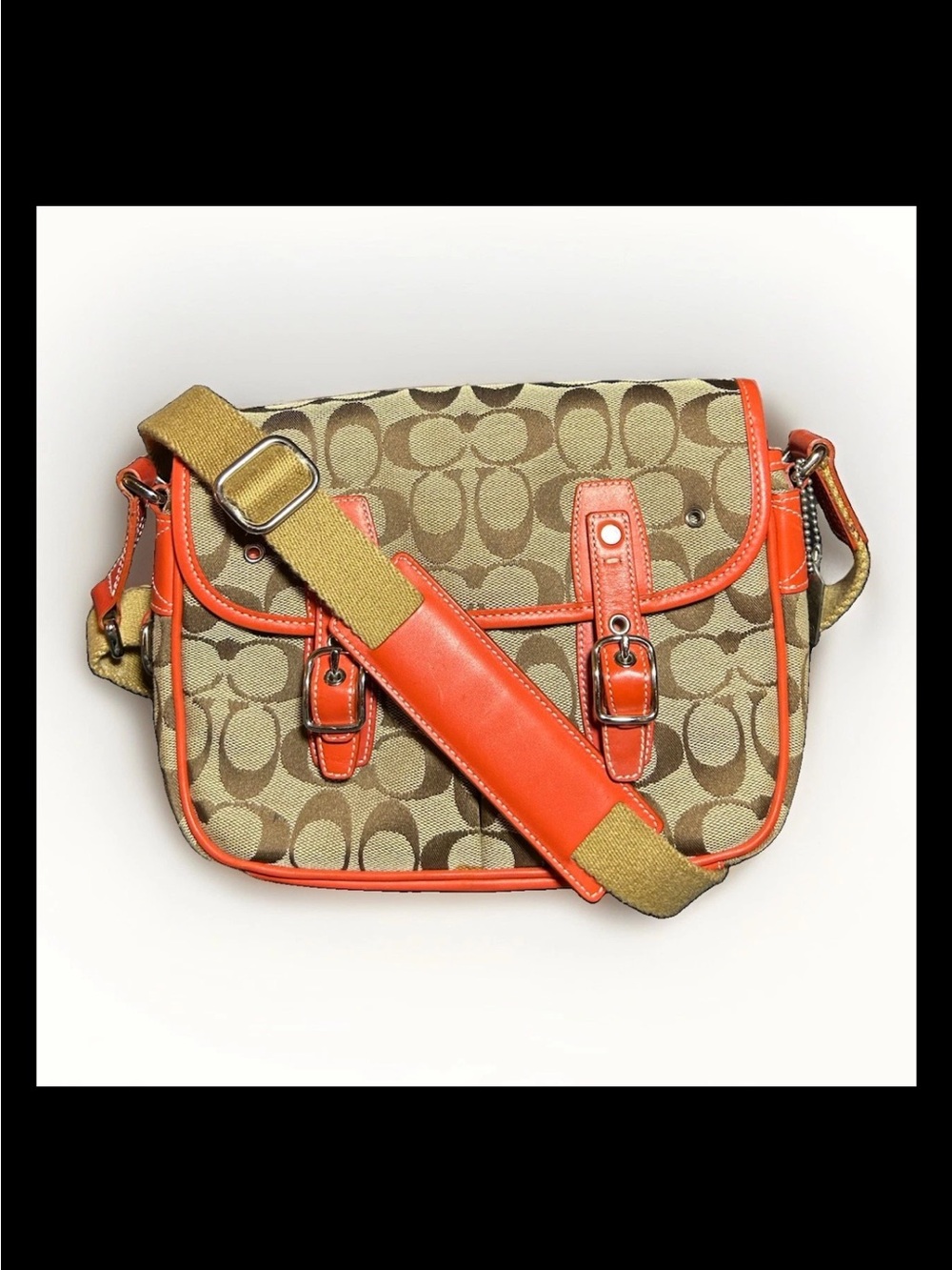 Coach Soho Signature, Khaki Crossbody Field Messenger Bag, Orange Leather, 2004